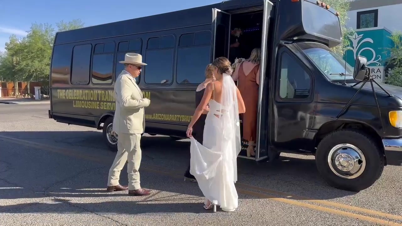 Arizona wedding party bus bride and groom