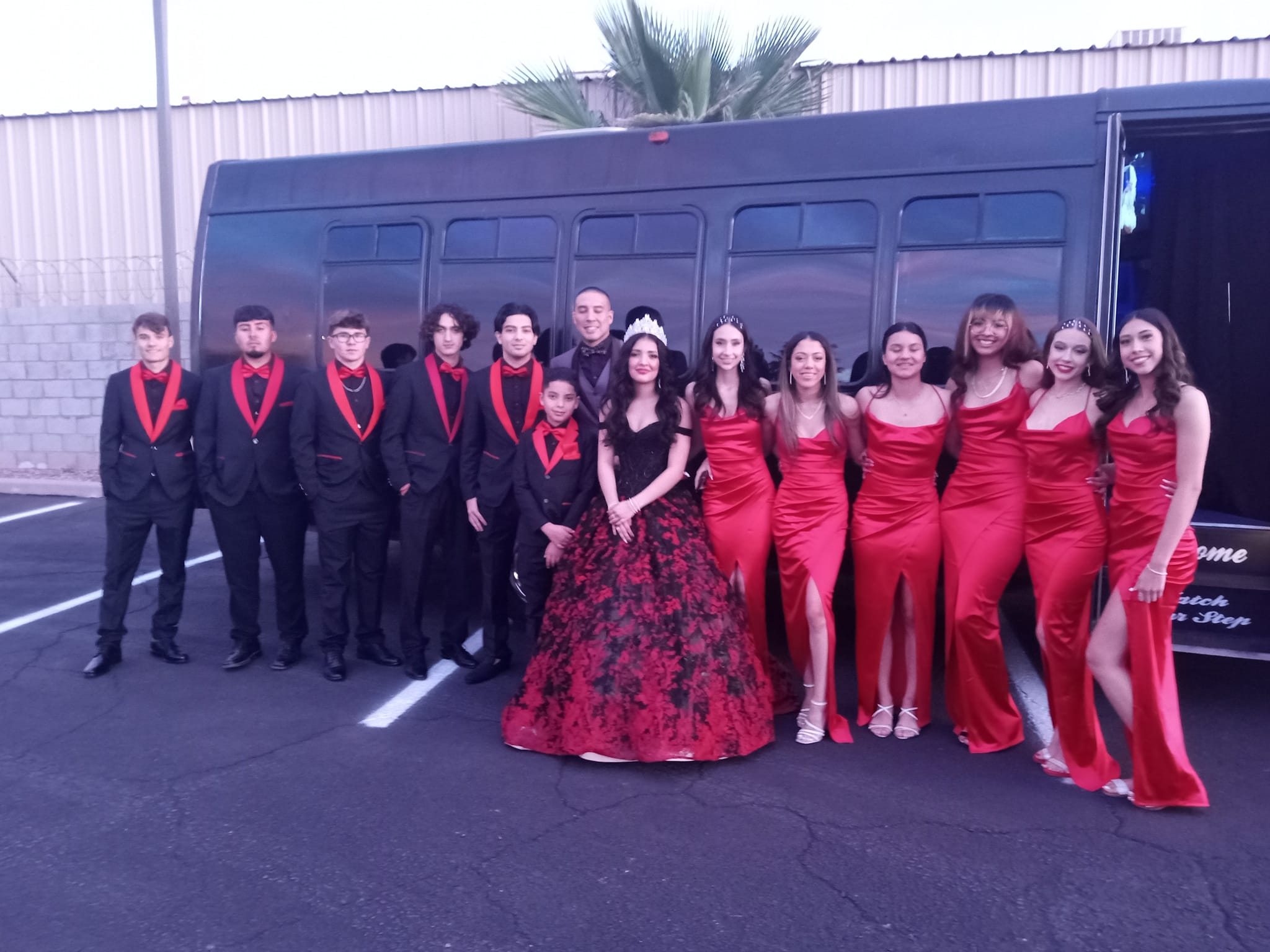 Tucson quincea&ntilde;era party bus red dresses