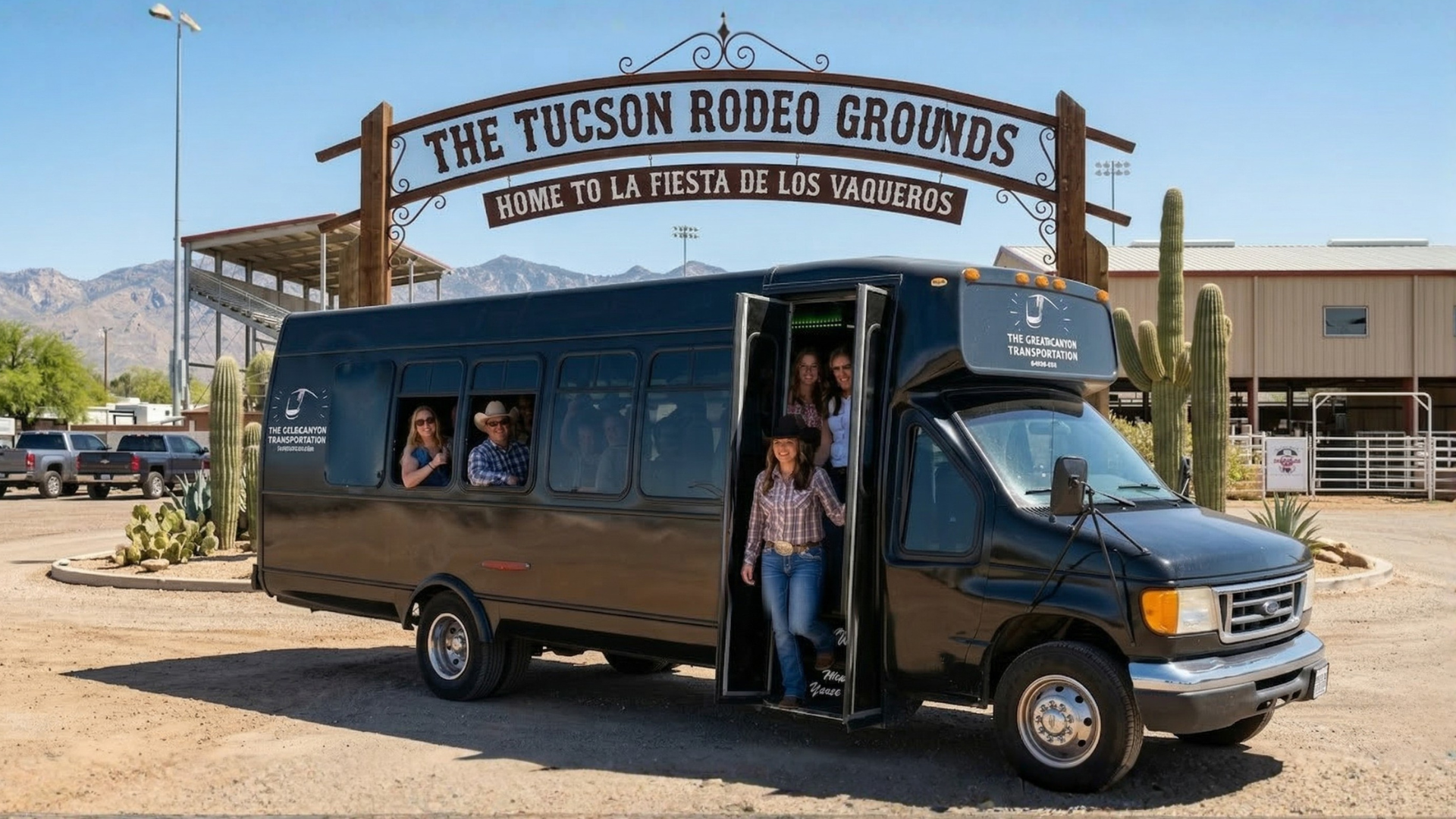Excited group at Tucson rodeo grounds party bus